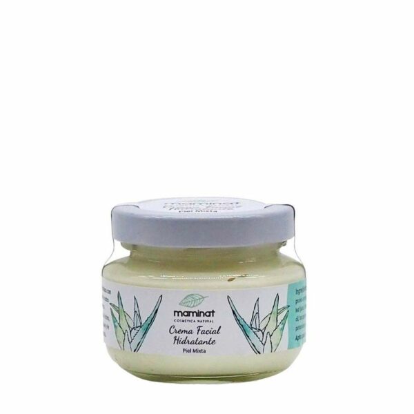 Crema facial hidratante para piel mixta MAMINAT. Cosmética natural, vegana, en frasco de vidrio