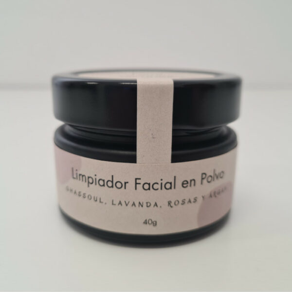 Limpiador facial en polvo ASÍMEJOR con Ghassoul o Rhassoul, rosa damascena y aceite de argán. 40 g. Vegano y hecho a mano en Ciudad Real. Frasco.